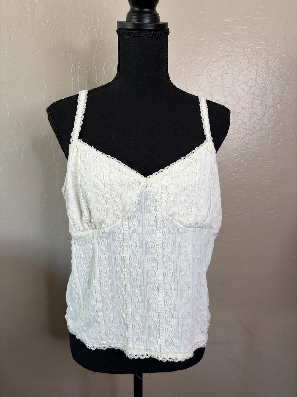 No Boundaries White Lace-Trim Cable Knit Camisole